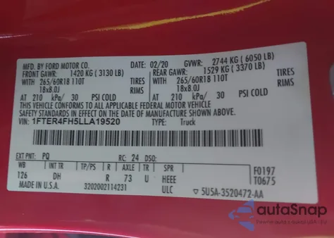 2020 Ford Ranger Lariat from USA, damaged, VIN 1FTER4FH5LLA19520